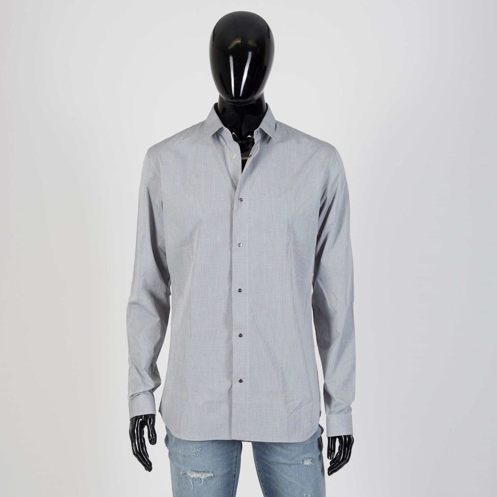 Pre-owned Dior 750$ Dress Shirt In Gray Micro Check Cotton Palladium-finished Snap Buttons