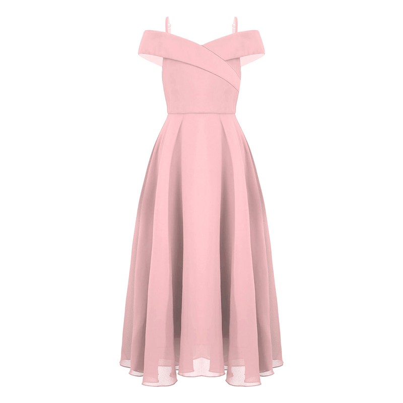 Girls Chiffon Off-the-Shoulder Adjustable A-Line Dress (Age 4-16 YRS) Pink / 16Y