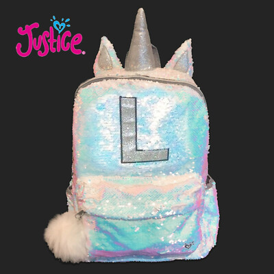 New Justice Girl's Silver Iridescent Sequin Pom Pom Unicorn Backpack Initial J L