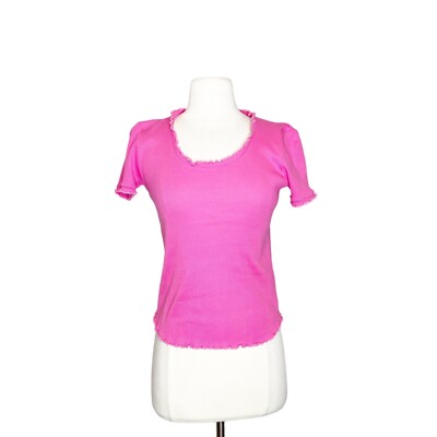 Vintage 90s XS Alain Manoukian Pink Ribbed Top Babydoll Lettuce Hem Stretch Y2K