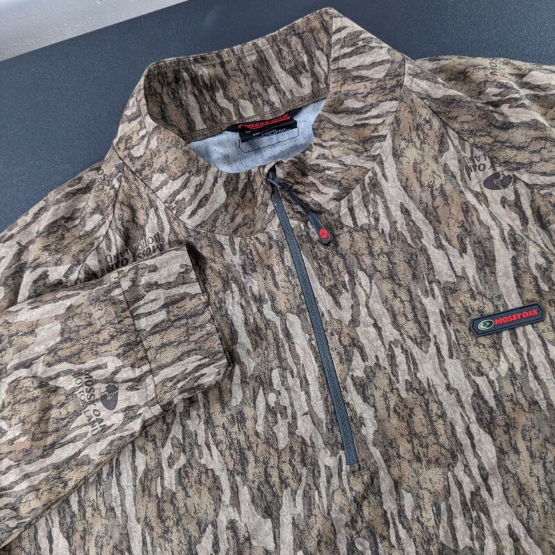 Mossy Oak Mens L Tibbee Technical Hunt 1/4 Zip Bottomland Long Sleeve Camo Shirt