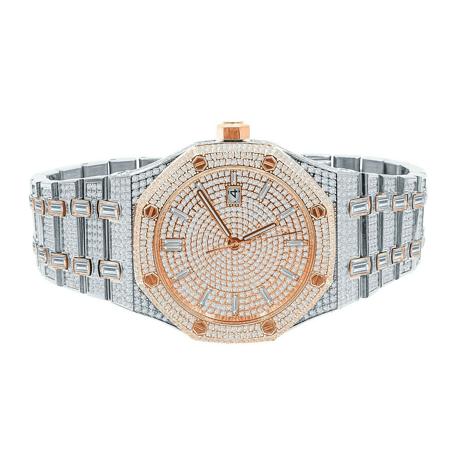 Pre-owned Bling Master Full Steel Baguette Men's Rose Gold 2 Tone Finish Simulated Diamonds 42 Mm Watch