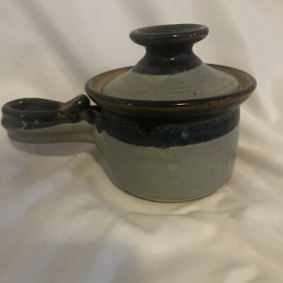 Jus Cuz Pottery Covered Bean Soup Pot Bowl Texas blue Stoneware