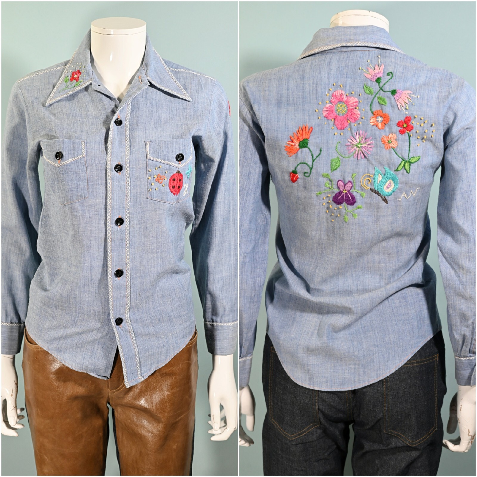 Vintage 60s/70s Hand Embroidered Chambray Shirt, Ladybug Flowers, Sears Put on S $ 57