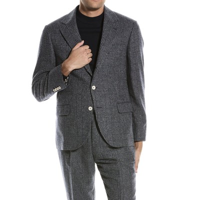 Pre-owned Brunello Cucinelli Men's Wool Blend 3 Button Casual Plaid Two Piece Suit In Blue