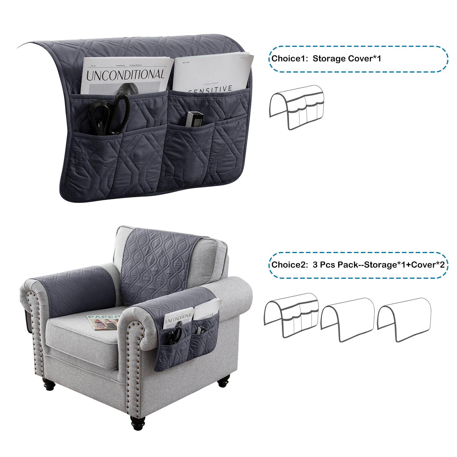 Waterproof Quilted Sofa Couch Armcover with Storage Bag Armrest Furniture Mat