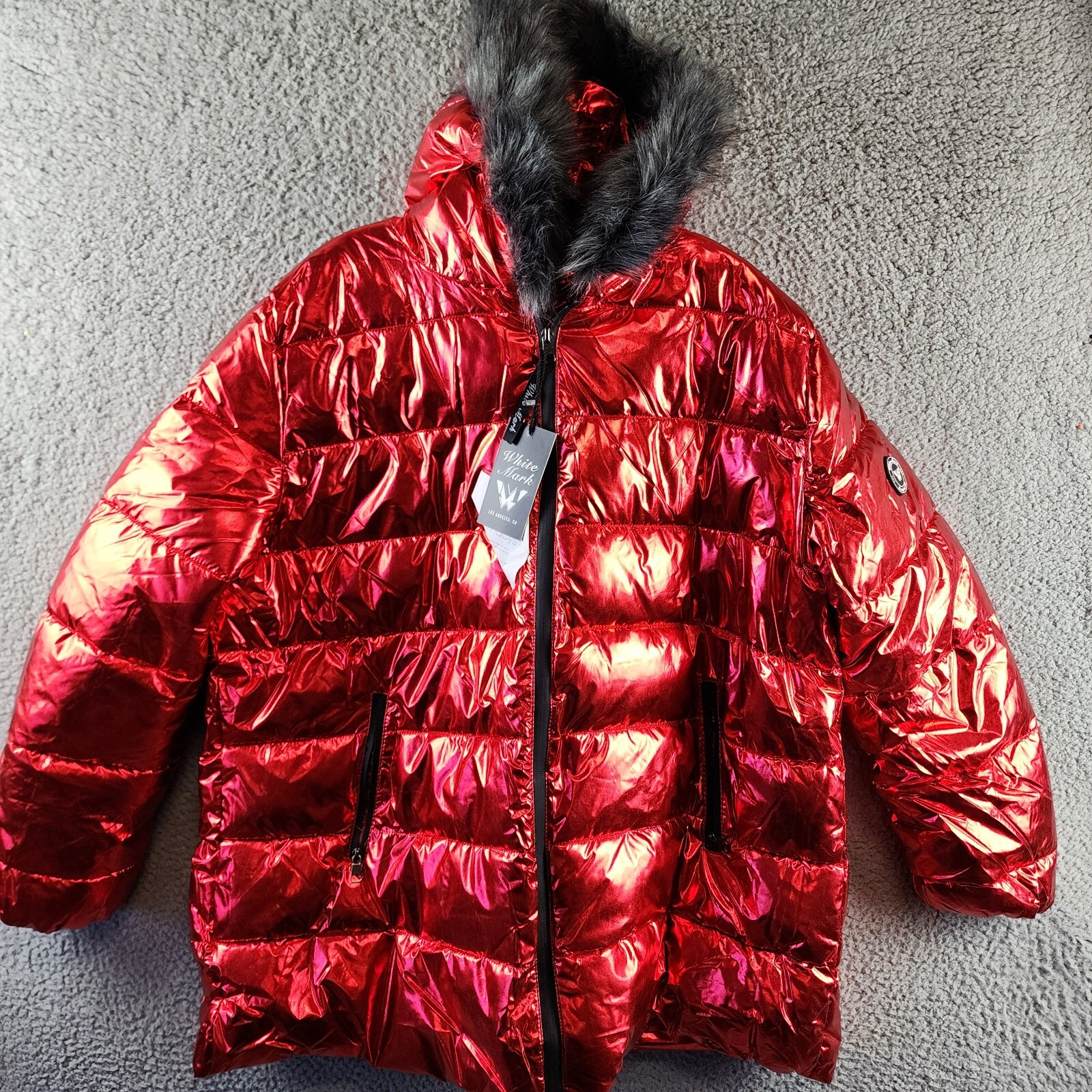 White Mark Plus Size Metallic Puffer Coat with Hoodie Women's 2XL Red Full Zip~ - Picture 2 of 14