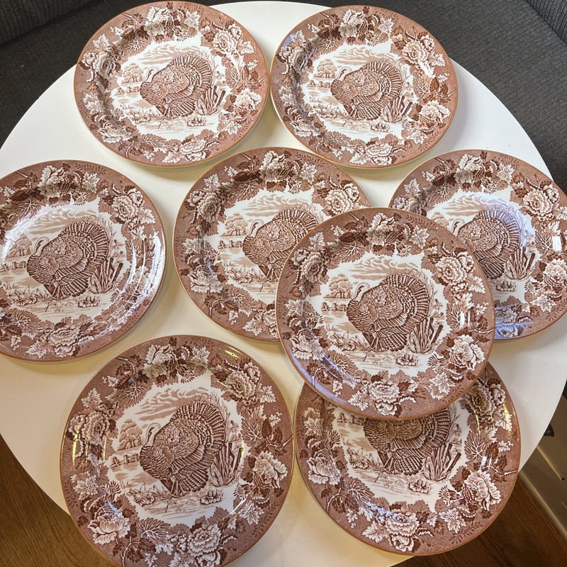 Set Of 8 Woods Burslem Brown Transferware Turkey Plates 10”
