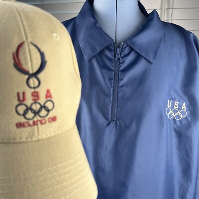 USA Olympic Windbreaker XL + Beijing 08-08-08 Hat, Full Zip Pullover Mesh Lining