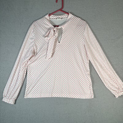 Vintage Women s White With Red Polka Dots Long Sleeve Tie Neck Blouse No Tag