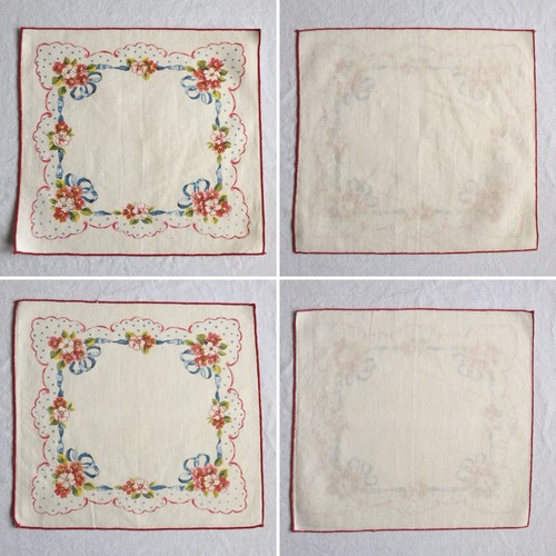 4 Vtg Red Floral Bouquet Blue Ribbon Printed Cloth Napkins
