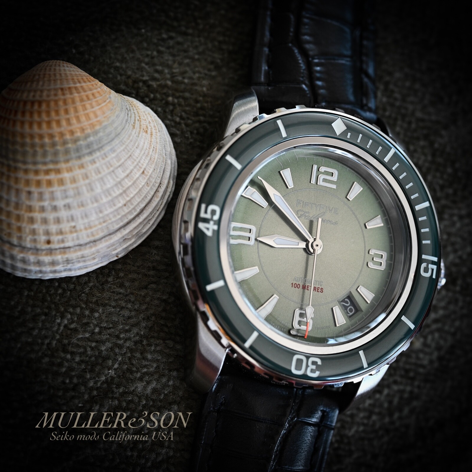 Pre-owned Müller&son Watch "modern Green Supermod" Made From Seiko Snzh Fifty Five Fathoms