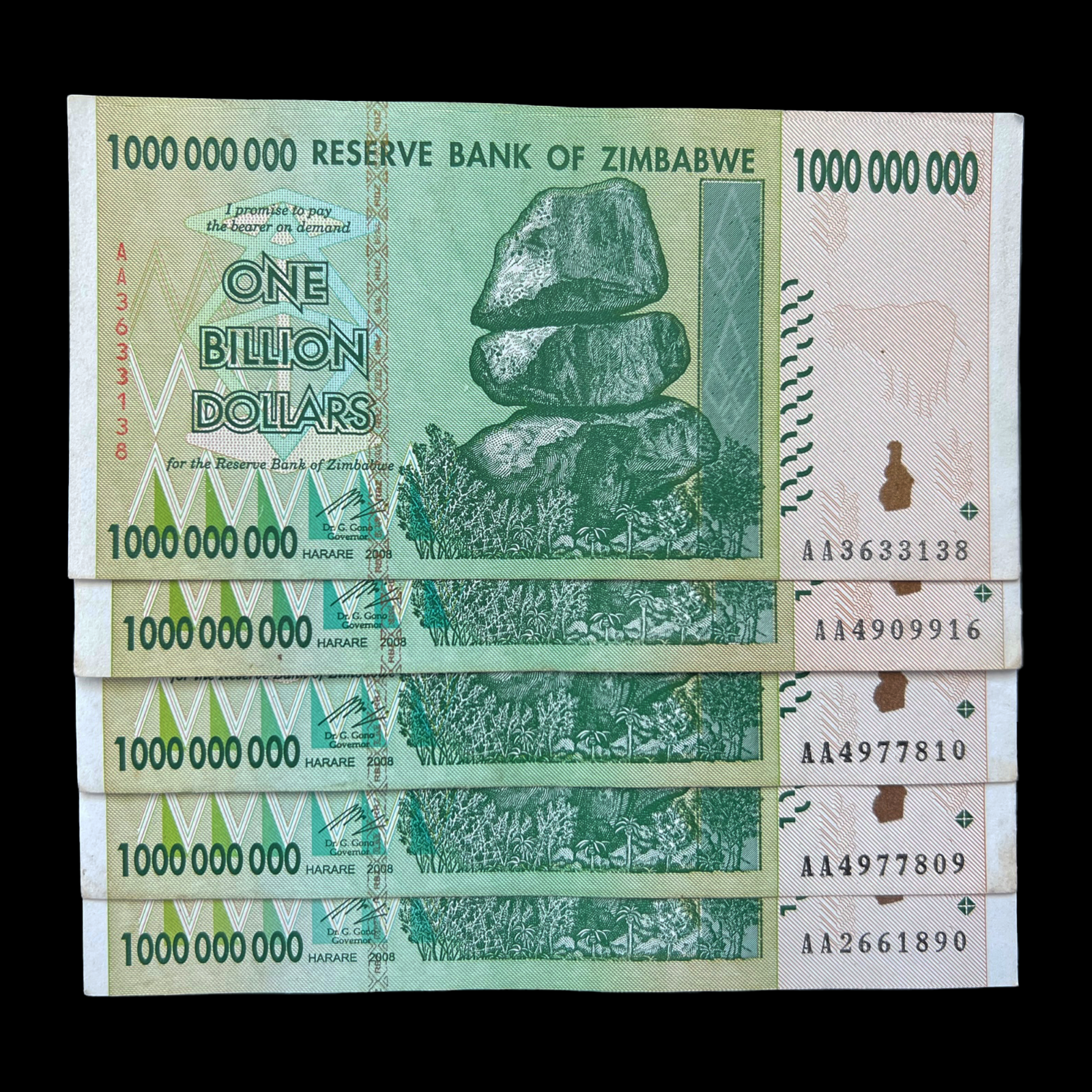 5x Zimbabwe 1 Billion Dollar Bill Banknote Paper Money Currency -Pre Trillion
