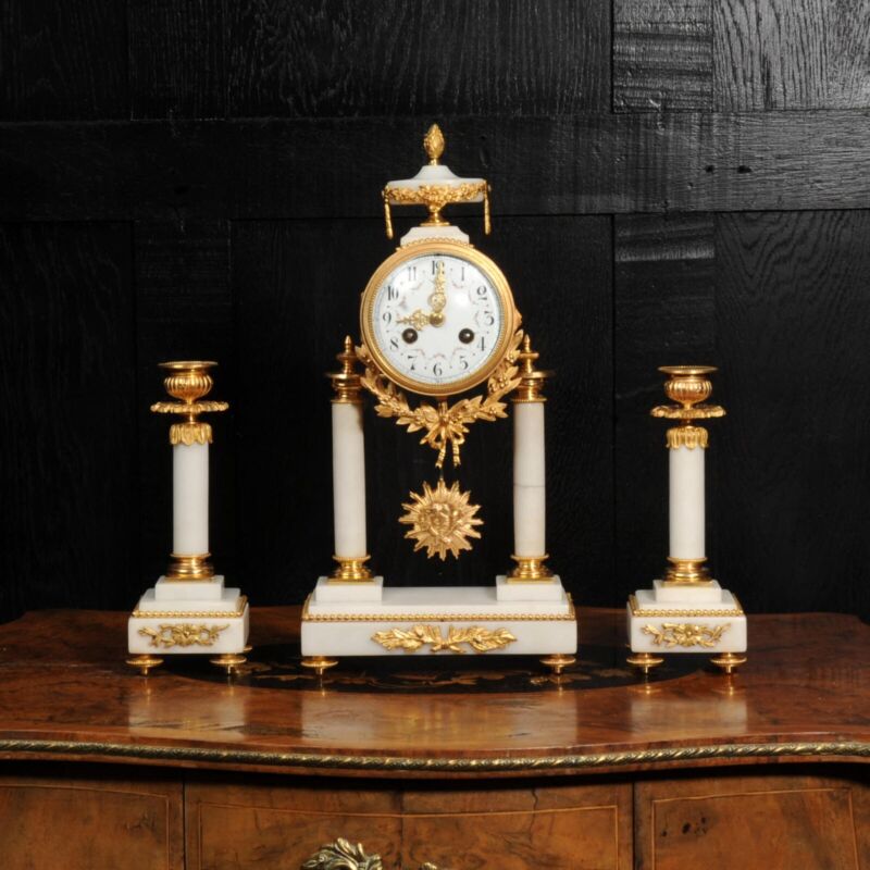Antique French Ormolu And Marble Portico Clock Set