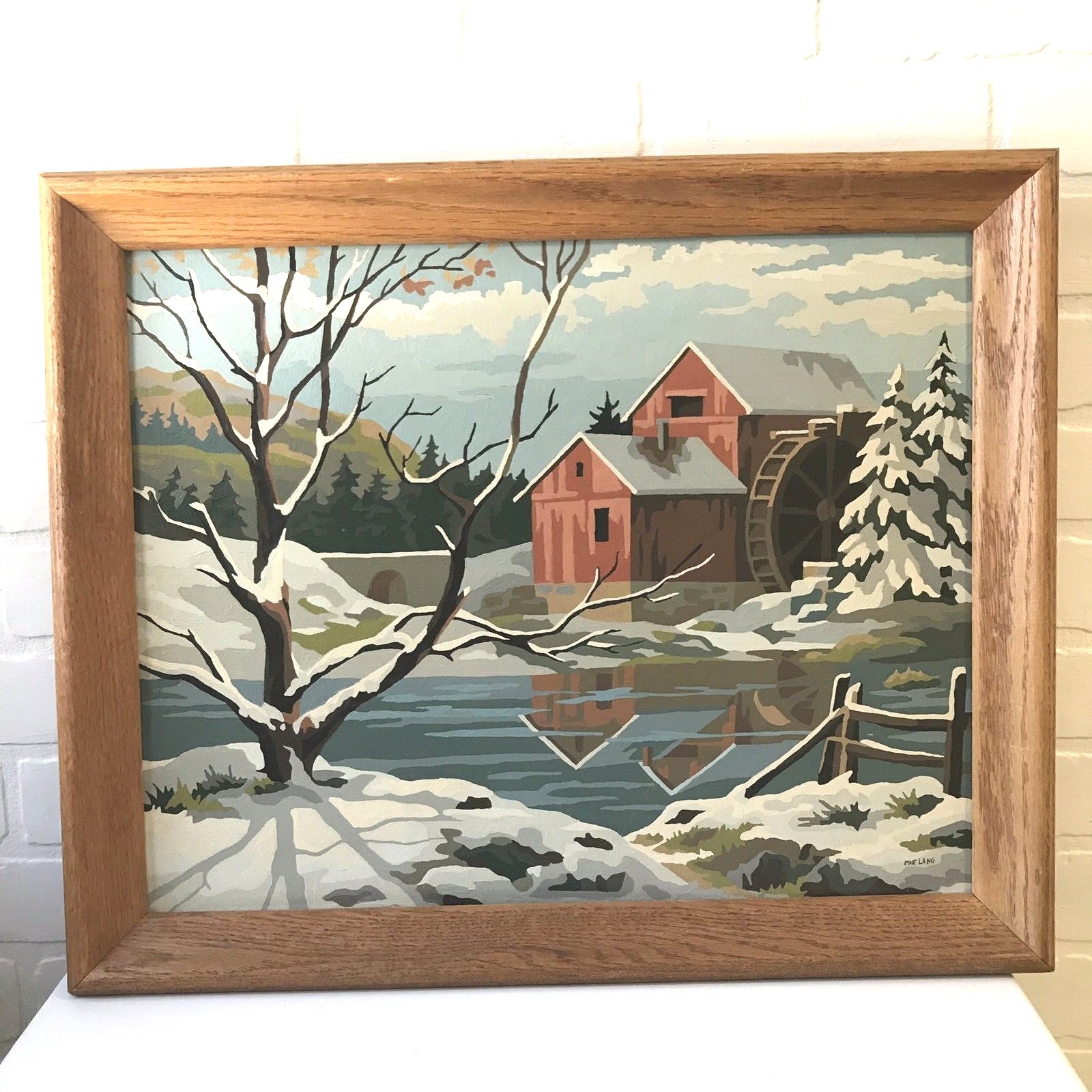 Vintage Paint by Number Painting Framed Water Wheel Mill House in Winter 22