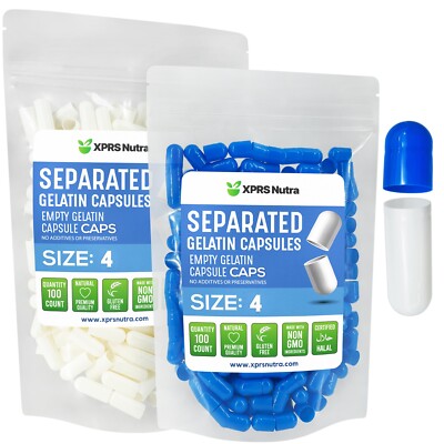 Size 4 Blue/White Separated Empty Gelatin Capsules Kosher Gel Gelcaps Gel Caps