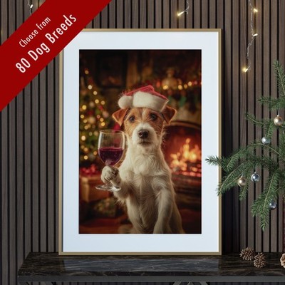 Funny Dog Christmas Wall Art Print – Santa Hat & Wine Glass | Festive Pet Lover