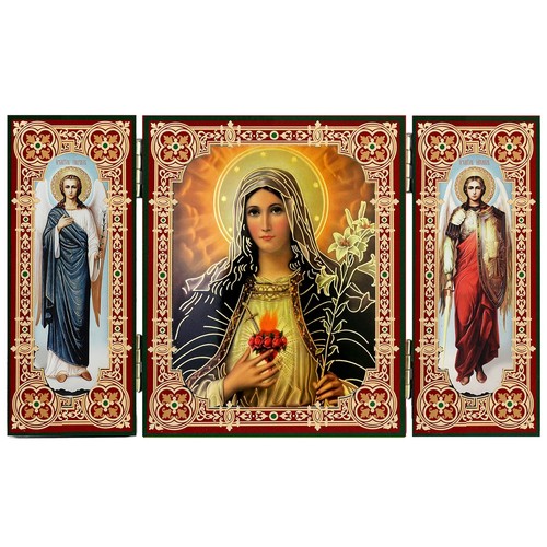 Sacred Heart of Mary Icon Triptych With Archangels Michael & Gabriel 3 1/4