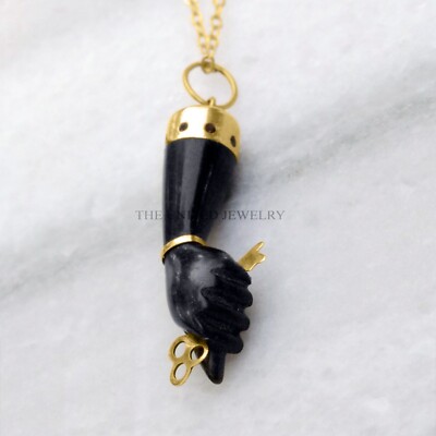 Black Onyx Gemstone Handmade Figa Hand Sterling Silver Pendant