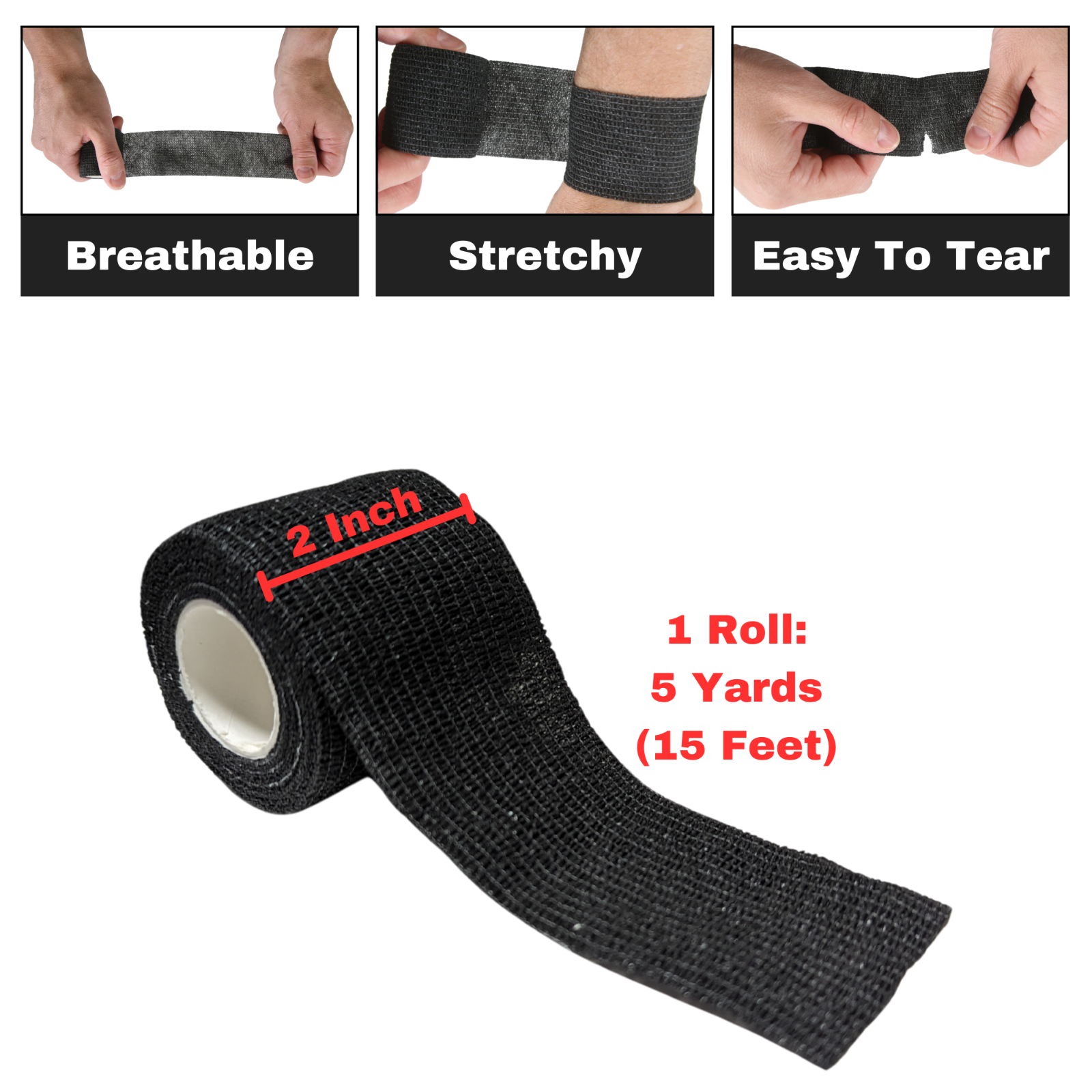24 Count Black Self Adhesive Bandage Wrap, 2" x 5 Yards (15 feet) Tape