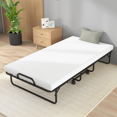 Folding Bed with Memory Foam Mattress& Metal Frame Rollaway Guest Bed for Office