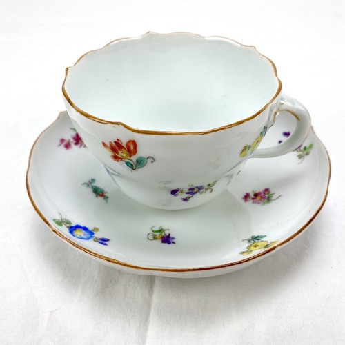 Meissen Floral Flowers Tea Cup & Saucer Scalloped Edge