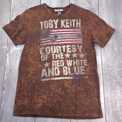 Toby Keith Graphic T-Shirt Mens Large Brown Courtesy Red White Blue Acid Wash
