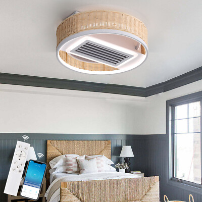 Bladeless Caged Ceiling Fan with Light,Boho Flush Mount Ceiling Fan,With Light