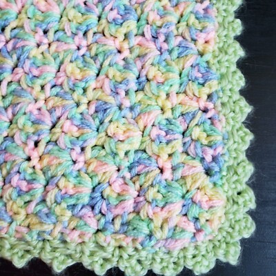 Hand Knit Baby Blanket Pastel Rainbow & Green Border 34x24'' Perfect Carseat Size