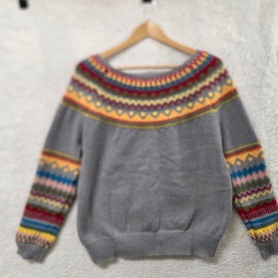 Fair Isle Nordic Knit Boat Neck Sweater Gray Multicolor Geometric Long Sleeve