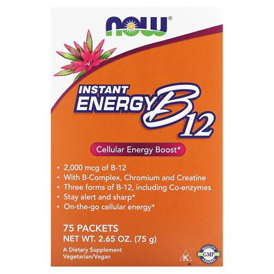 Now Foods Instant Energy B-12 2000 мкг 75 пакетов по 1 г каждый Качество гарантировано GMP,