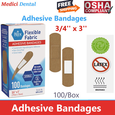 Adhesive Bandage - Fabric Bandages 3/4'' x 3'', Sterile, 100/Pack Bandaid No Latex