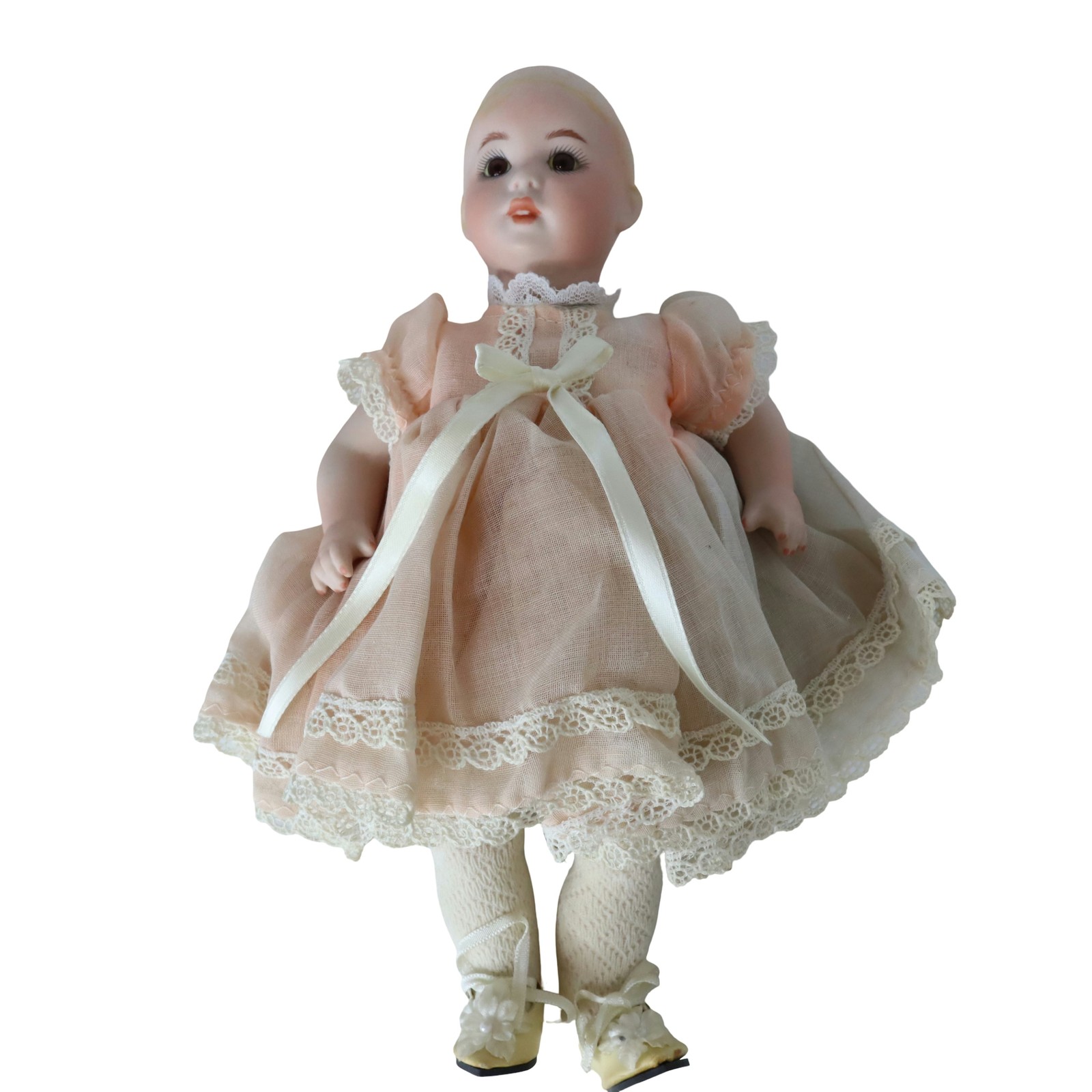 Antique SFBJ Paris Bisque Baby Doll Brown Glass Eyes Peach Lace Dress 10 Inch