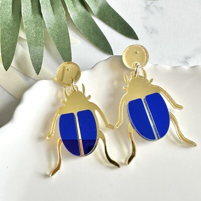 Mirrored Beetle Insect Gold Royal Blue Earrings Insect  Bug Lucky Earrings NEW