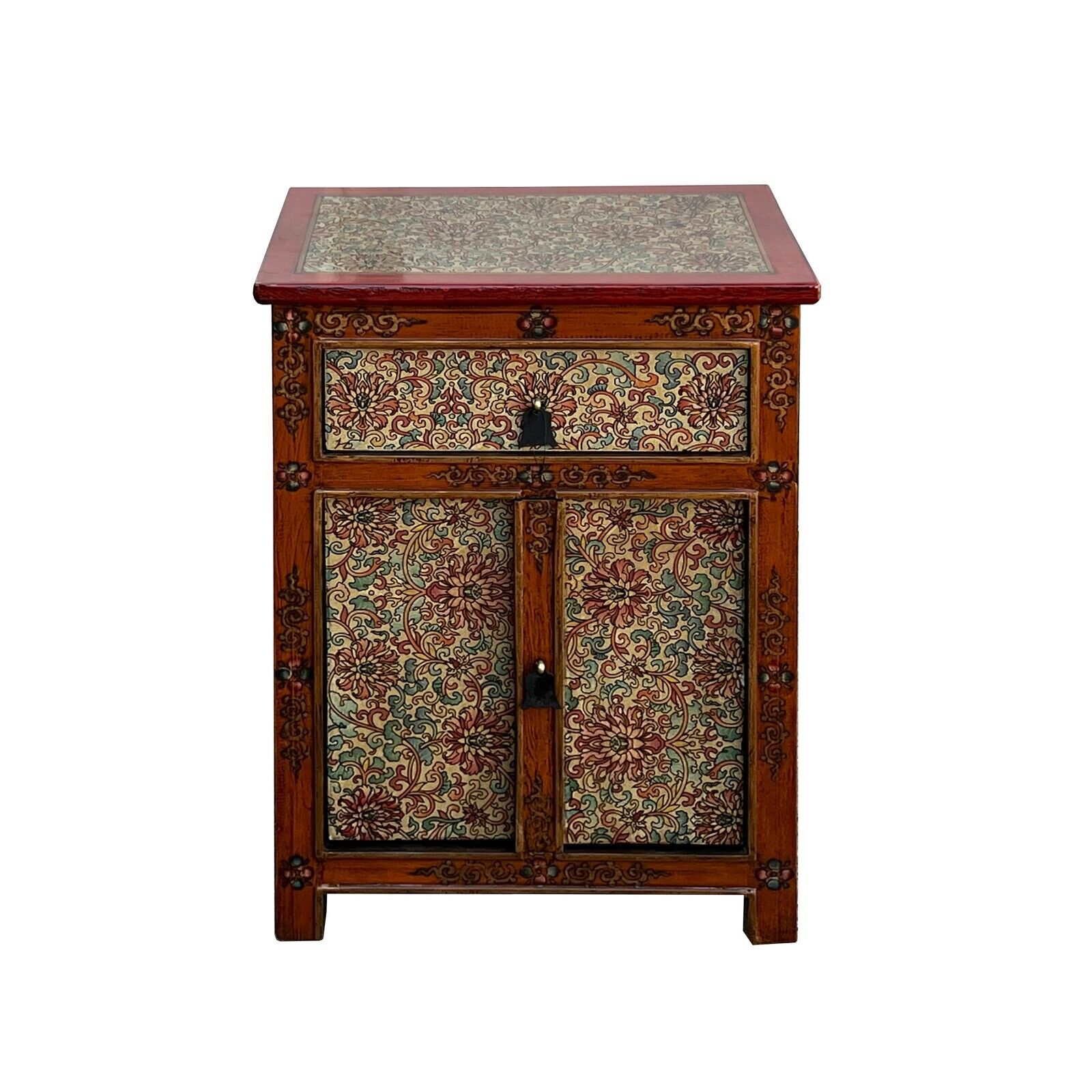 Distressed Red Orange Beige Tibetan Floral End Table Nightstand cs7573S Distressed Red Orange Beige Tibetan Floral End Table Nightstand cs7573S