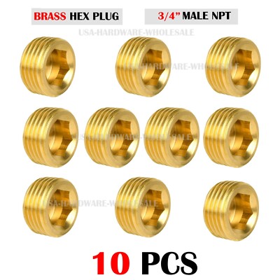 10pcs Brass Pipe Plug 3/4'' NPT Male Thread Hex Internal Head Socket Fitting cap