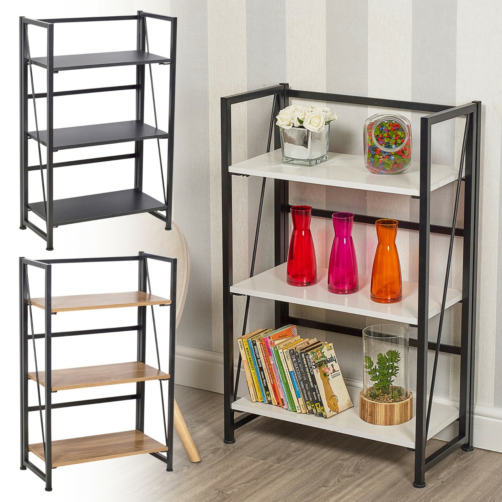 3 Tier Wood & Steel Folding Ladder Shelf Collapsible Unit Office