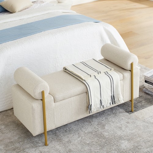 Storage Bench Storage Ottoman with Upholstered and Cylindrical Arms for Bedroom