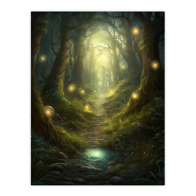 Enchanted Forest Path Fantasy Landscape Fairy Lanterns Wall Art Poster Print