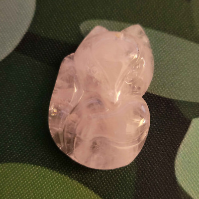 32mm Hand Carved Rose Quartz Crystal Fox Pendant (Has Drilled Hole for Necklace)