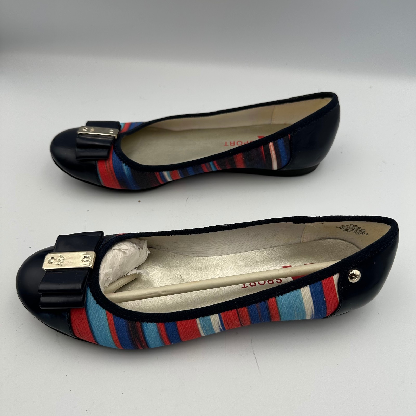 Anne Klein Sport Akaricia Stripe Ballet Flats Womens 9M Navy Red Slip On Shoes