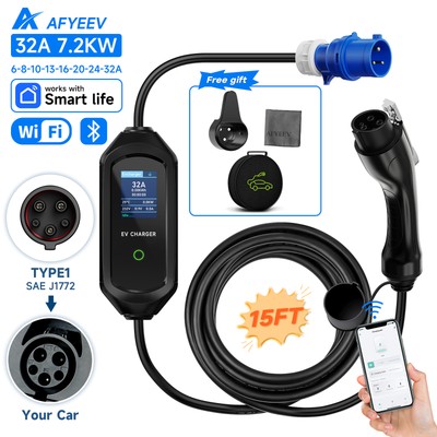 AFYEEV 32A 7.2KW 15ft Type1 EV Portable Charger EVSE Charging Cable APP Control