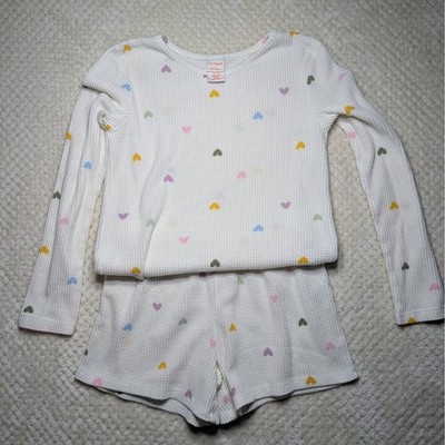 Cat & Jack Waffle Knit Pajama Set Heart Print Long Sleeve & Shorts