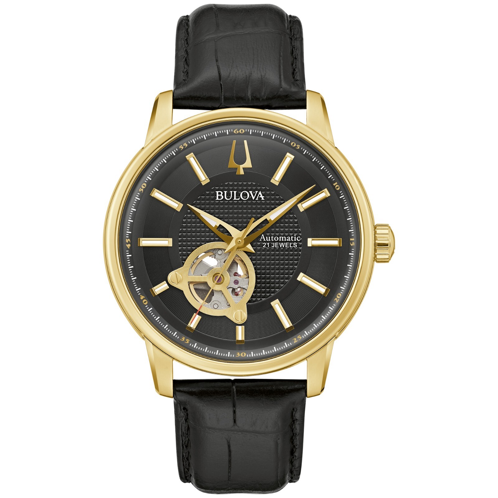 Pre-owned Bulova Men's Classic Automatic Skeleton Black Leather Strap Watch 45 Mm 97a166