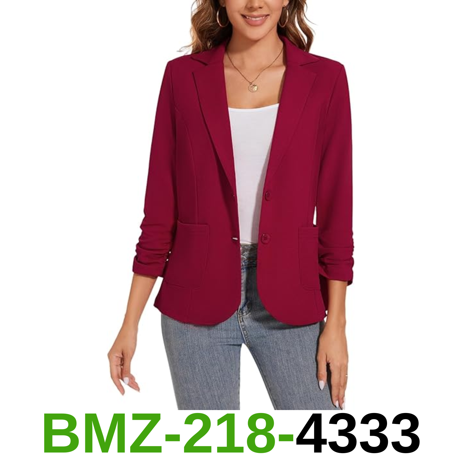 LADI TREND Women's Casual Button Front Blazer Jackets Ruched 3/4 Sleeve Lapel, M