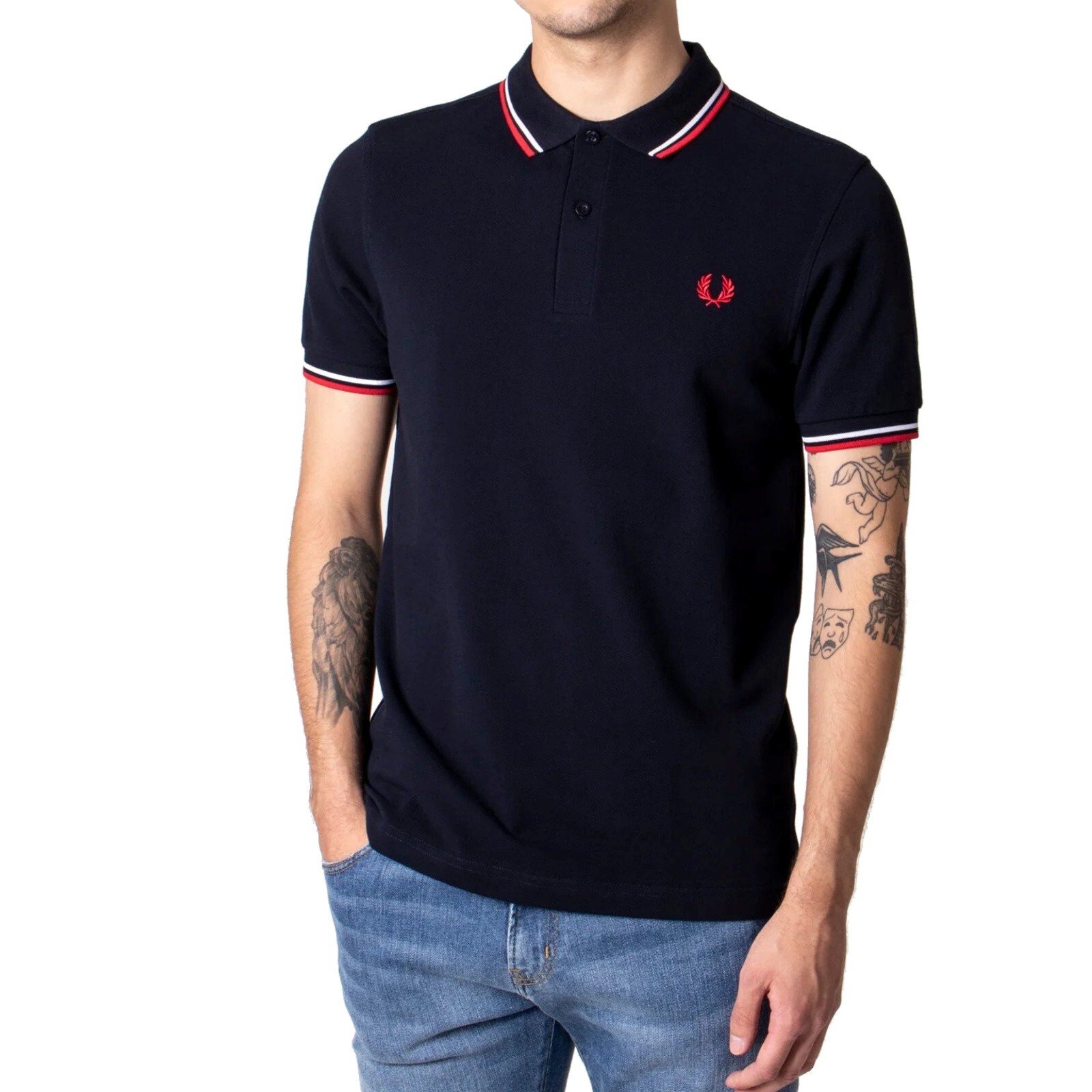 

NWT — рубашка-поло Fred Perry M3600 с двумя кончиками — темно-синий/красный/белый — размер: M — XXL, Navy, Fred Perry M3600