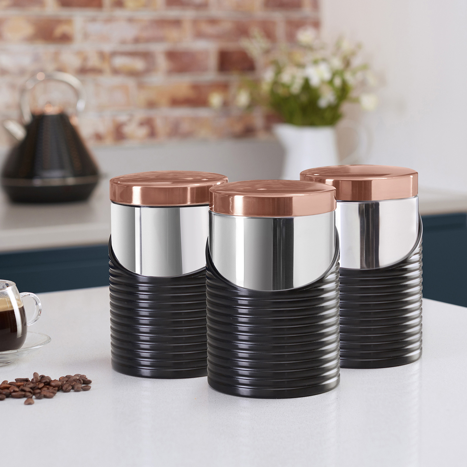 Tower T826001RB LINEAR Kitchen Canister Set Black & Rose Gold Sugar Tea
