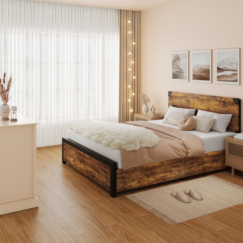 Bed Frame Platform Full Queen Size with Adjustable Wood Headboard