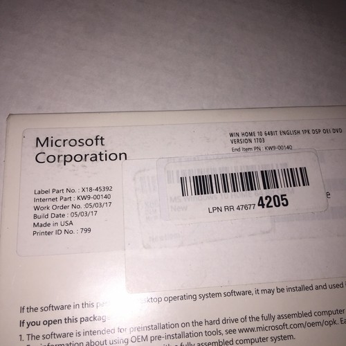 Microsoft Windows WIN HOME 10 64BIT ENGLISH 1PK DSP OEI DVD VERSION 1703