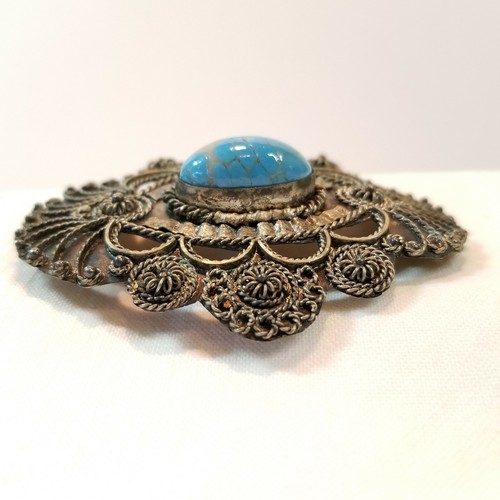 Turquoise Art Glass Cabochon Coin Silver 900 Cannetille Brooch Pin Antique